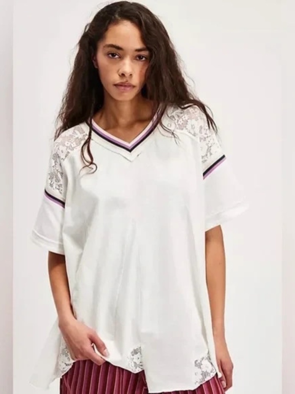 Free People Knockout Lace Detail V-Neck Top in Off White